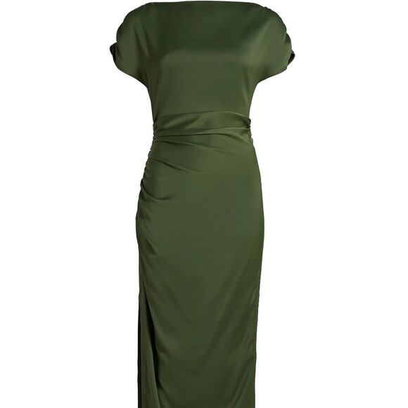 Lela Rose Heather Crepe Satin Ruched Dress Gown Forest Green - Picture 12 of 14
